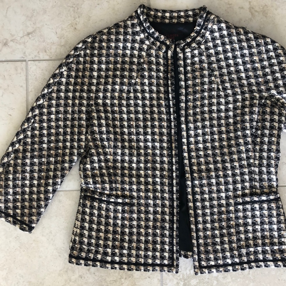 Talbots woven black gold cream short blazer jacket
